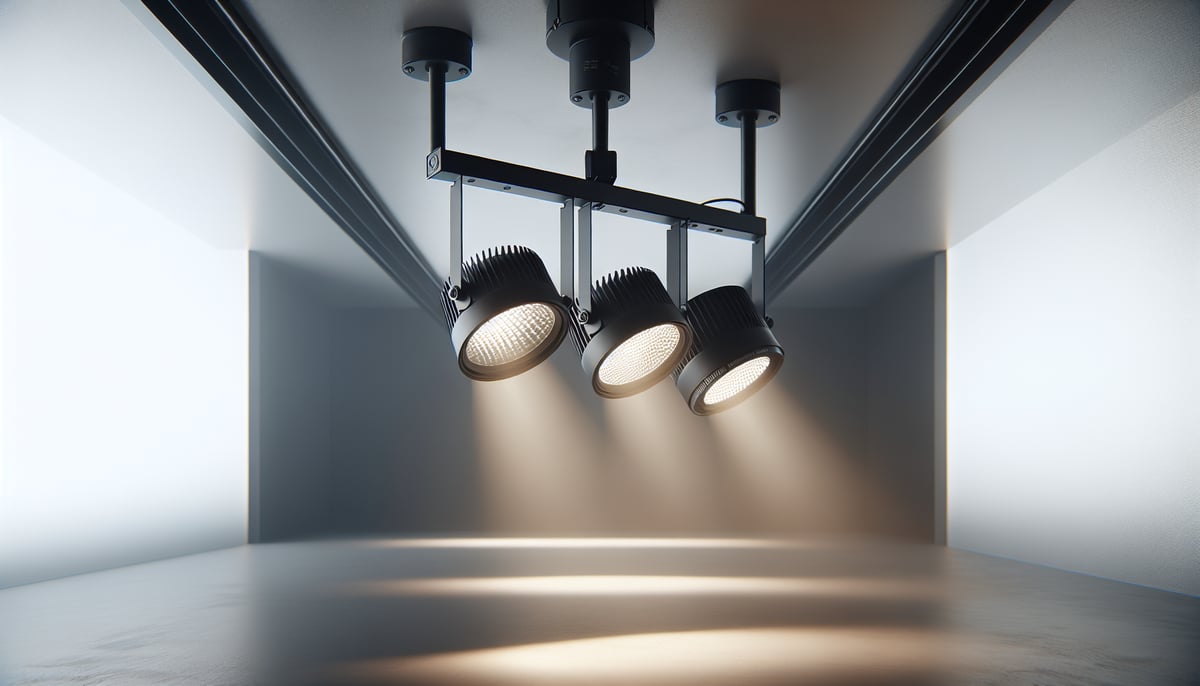 Three LED track lights demonstrating different beam angles - narrow, medium and wide spread patterns