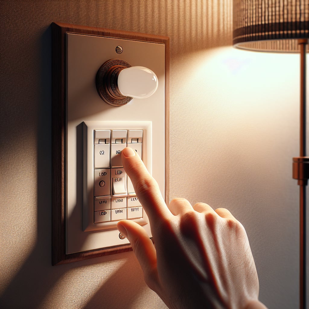 Hand adjusting wall dimmer switch with LED bulb at various brightness levels