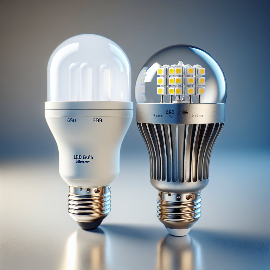 Side by side comparison of LED and halogen light bulbs