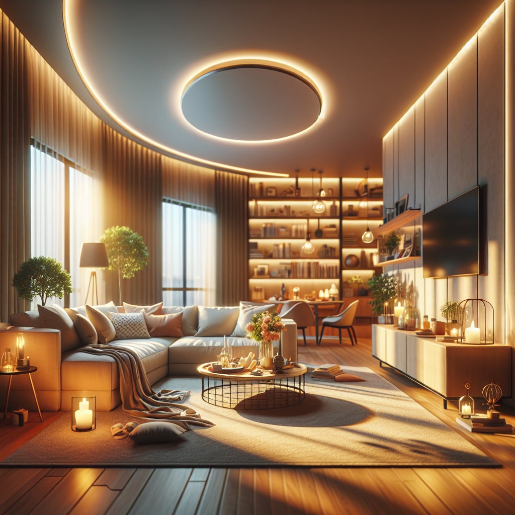Modern living room with multiple LED light sources showing different brightness levels