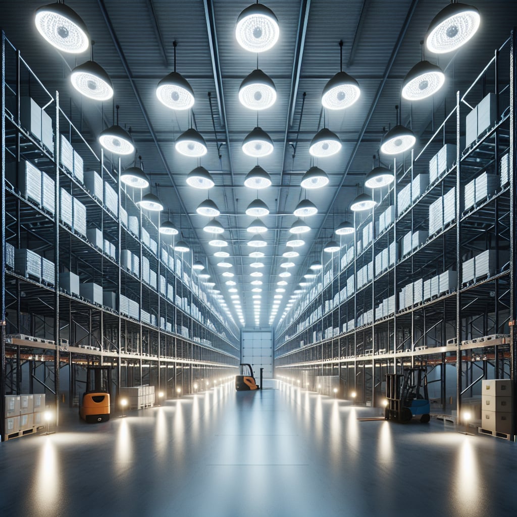 Small warehouse interior with LED high bay lighting installation